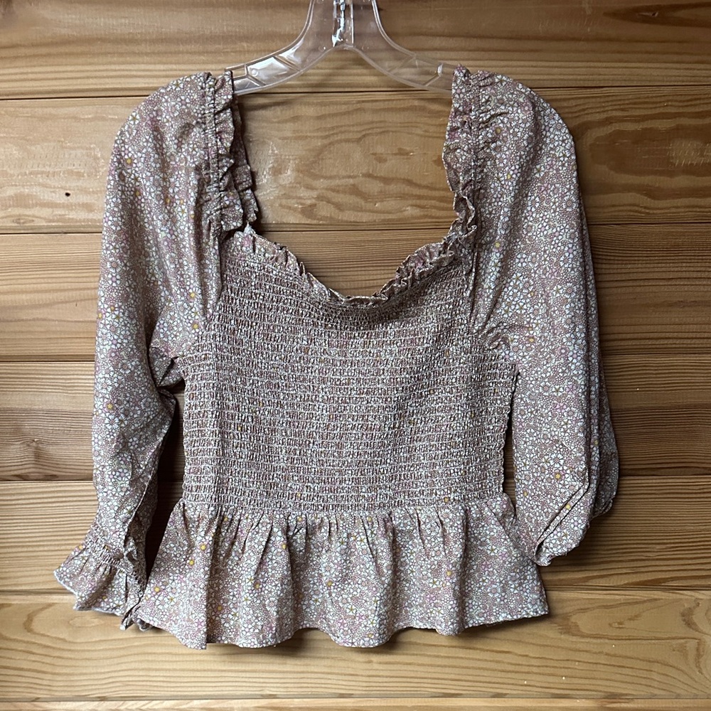 Indulge Dusty Rose Floral Women's Smocked Ruffle Blouse Cropped L/Sleeve Size XL